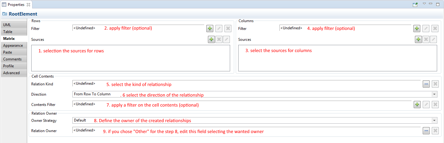 The Matrix property view, with the described order for its configuration.