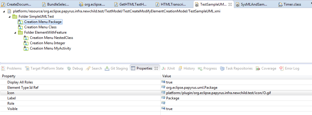 Creation menu for a package with a specific icon