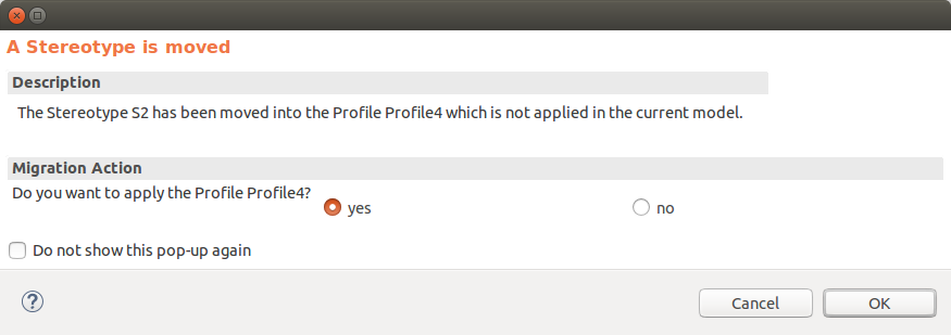 Pop-up apply the profile owning the moved stereotype
