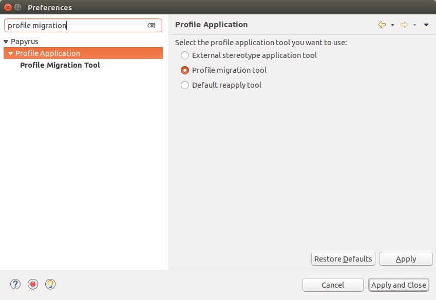 Preference page to select the Profile application tool