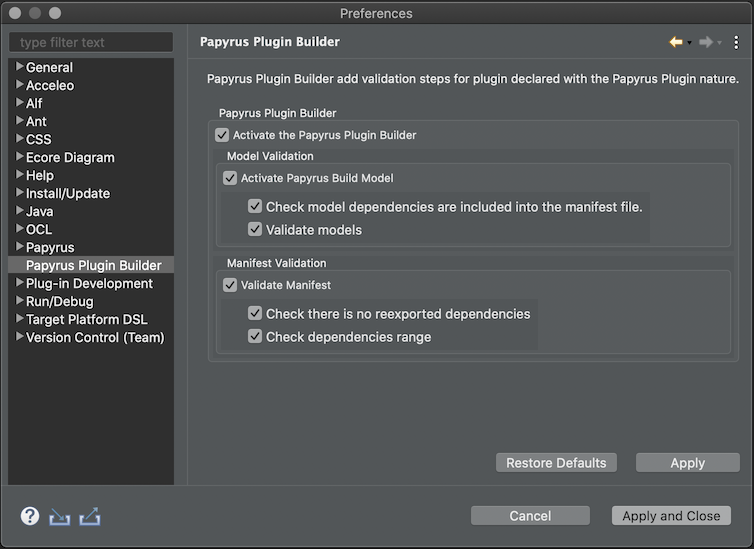 Papyrus plug-in builder preferences