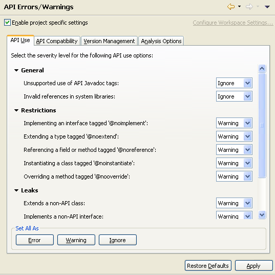 API Error and Warnings property page