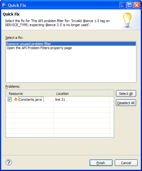 Remove unused filter API problem quick fix dialog