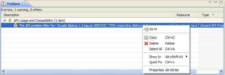 API problem selected in problems view