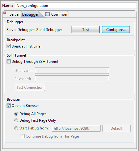 New Debug Configuration Debugger Page