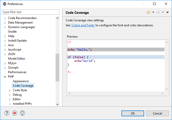 Code Coverage Preference Page