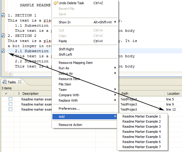 Readme editor with readme markers on left side ruler