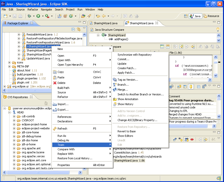 Workbench with CVS menu items, views, tasks, and decorators