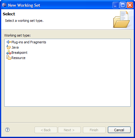 Working set dialog showing list of available types