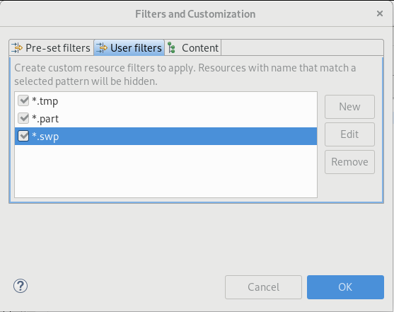 Available Customizations > User filters dialog