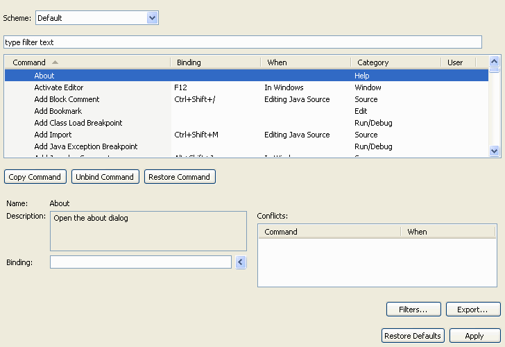 Keys preference page the About command with no binding