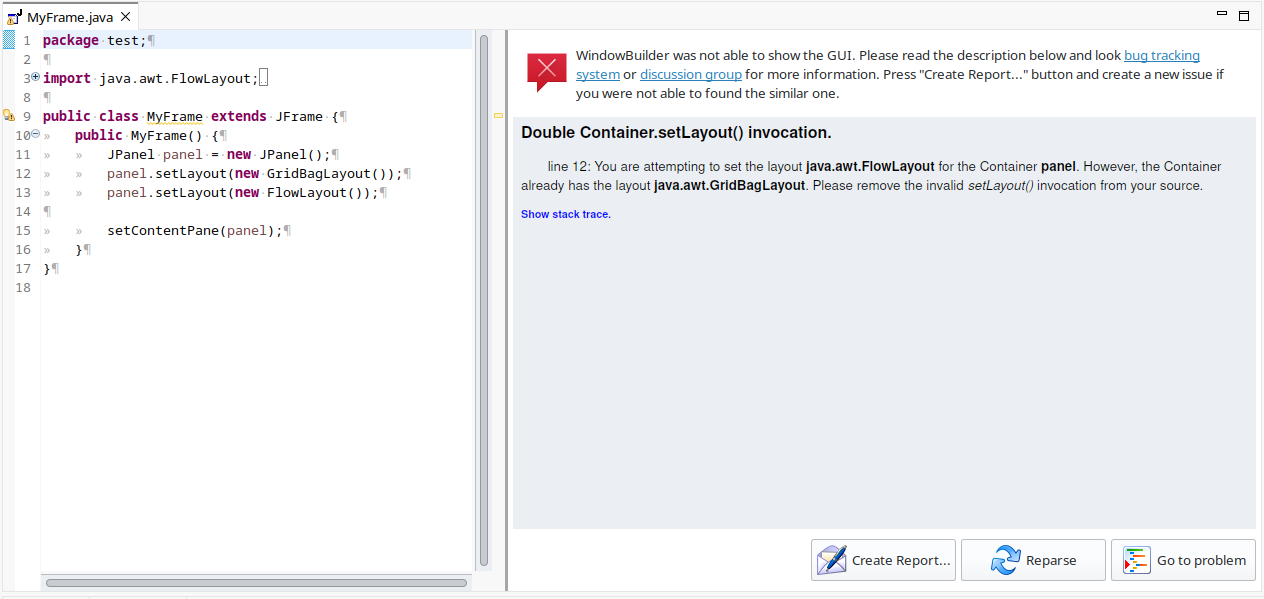 Swing snippet with two 'setLayout()' calls and the error message