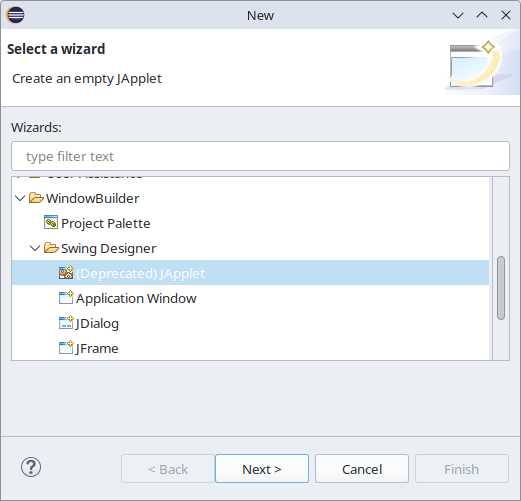 Deprecation indication in "New JApplet" wizard
